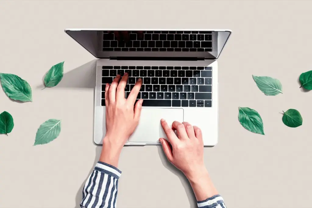 Des mains manipulant un ordinateur entouré de feuilles vertes, symbolisant la conception de sites web écologiques par Digitik, qui réduisent l'empreinte carbone grâce à l'optimisation des requêtes, des médias et un hébergement web vert